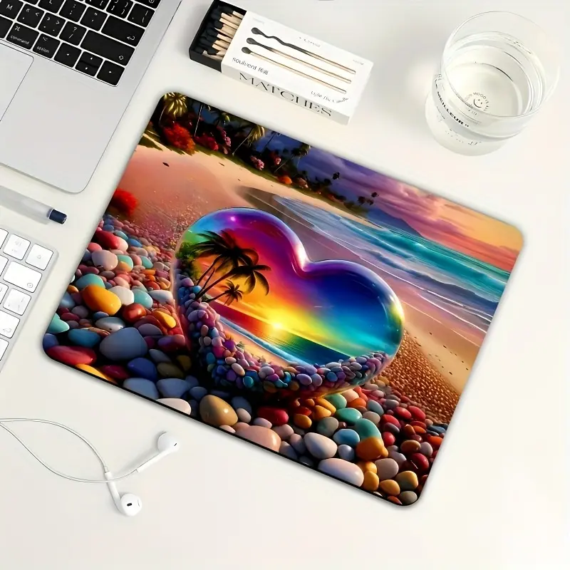 Romantic Seaside Sunset Palm Tree & Heart Stone Design Non-Slip Rubber Gaming Mouse Pad for Office, Laptop, Desktop - Vibrant Aesthetic Computer Accessory