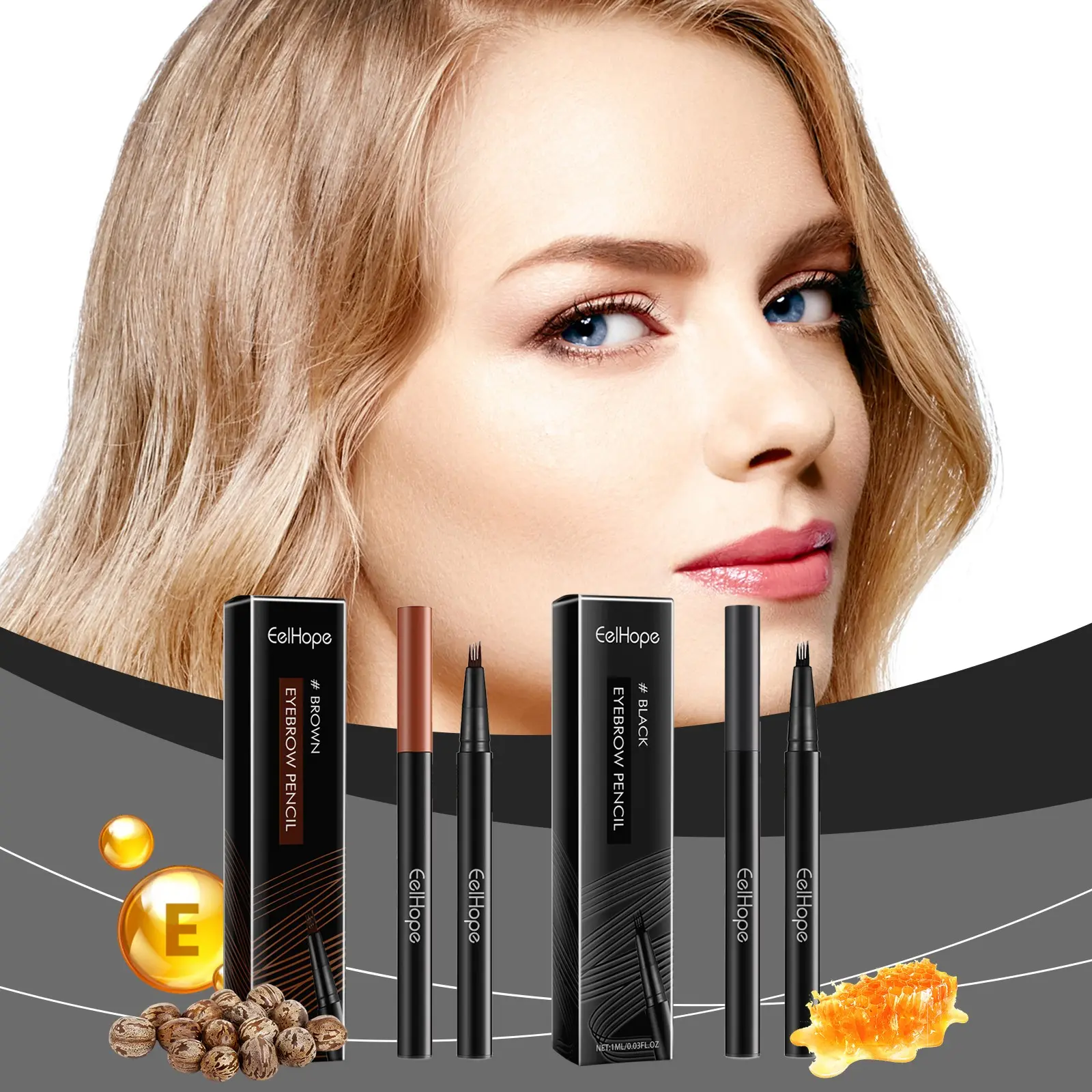 EELHOPE 4-Prong Brow Pencil – Feathered Fluffy Brows in One Stroke, Smudge-Proof & Beginner-Friendly