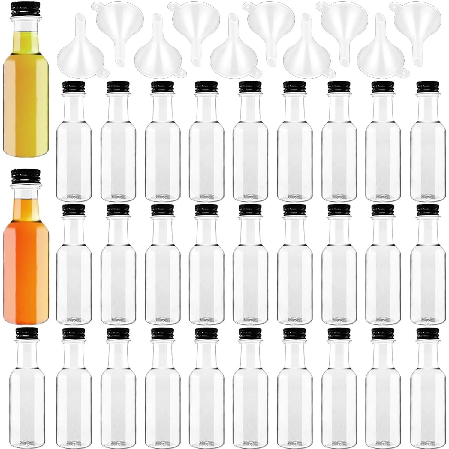 30 Pack 1.7oz Plastic Mini Liquor Bottles with Black Cap and 10 Funnels | Airtight Spirit,Empty Alcohol Shot,Miniature for Weddings,Parties