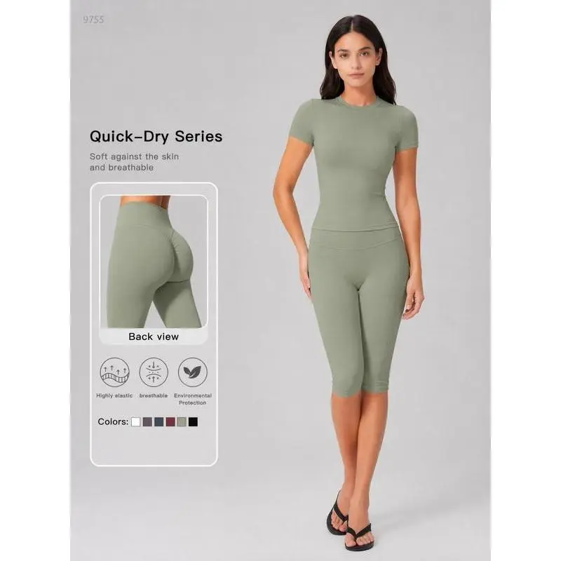 Women 2 Piece Workout Set, Short Sleeve Fitted Top & Capri Leggings Athletic Yoga Outfit
