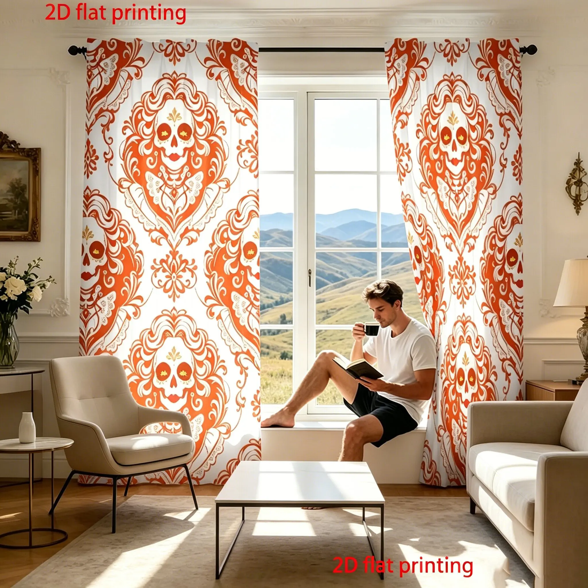 2-Piece American Retro Orange Skeleton Pattern Semi-Blackout Curtains Halloween Luxury Living Room Bedroom Sheer Fabric Curtains