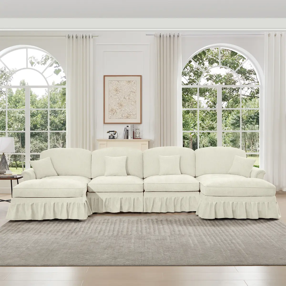 Aobtkel Midcentury Modern 4-Seat Modular Chenille Comfy Couch - Beige White Sectional Sofa with Flared Arms, Removable Ruffle Pleat Skirts, Spindle Legs, Movable Ottomans, 2-in-1 4-Seater Indoor Living Room Furniture (Beige Sectional Sofas & Couches)
