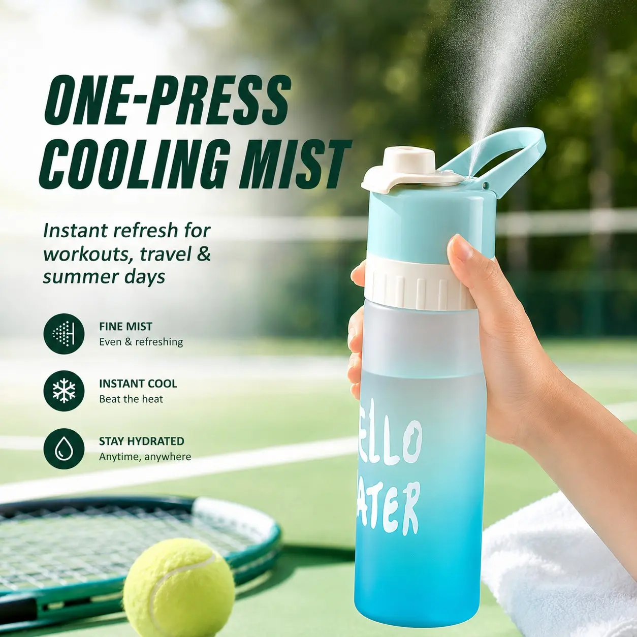 Sports Misting Water Bottle, 2-In-1 Spray with One-Press Cooling Mist, Portable Cup with Carry Handle, Leak-Resistant Lid, Leak Proof Bottle, Ideal for Outdoor Activities