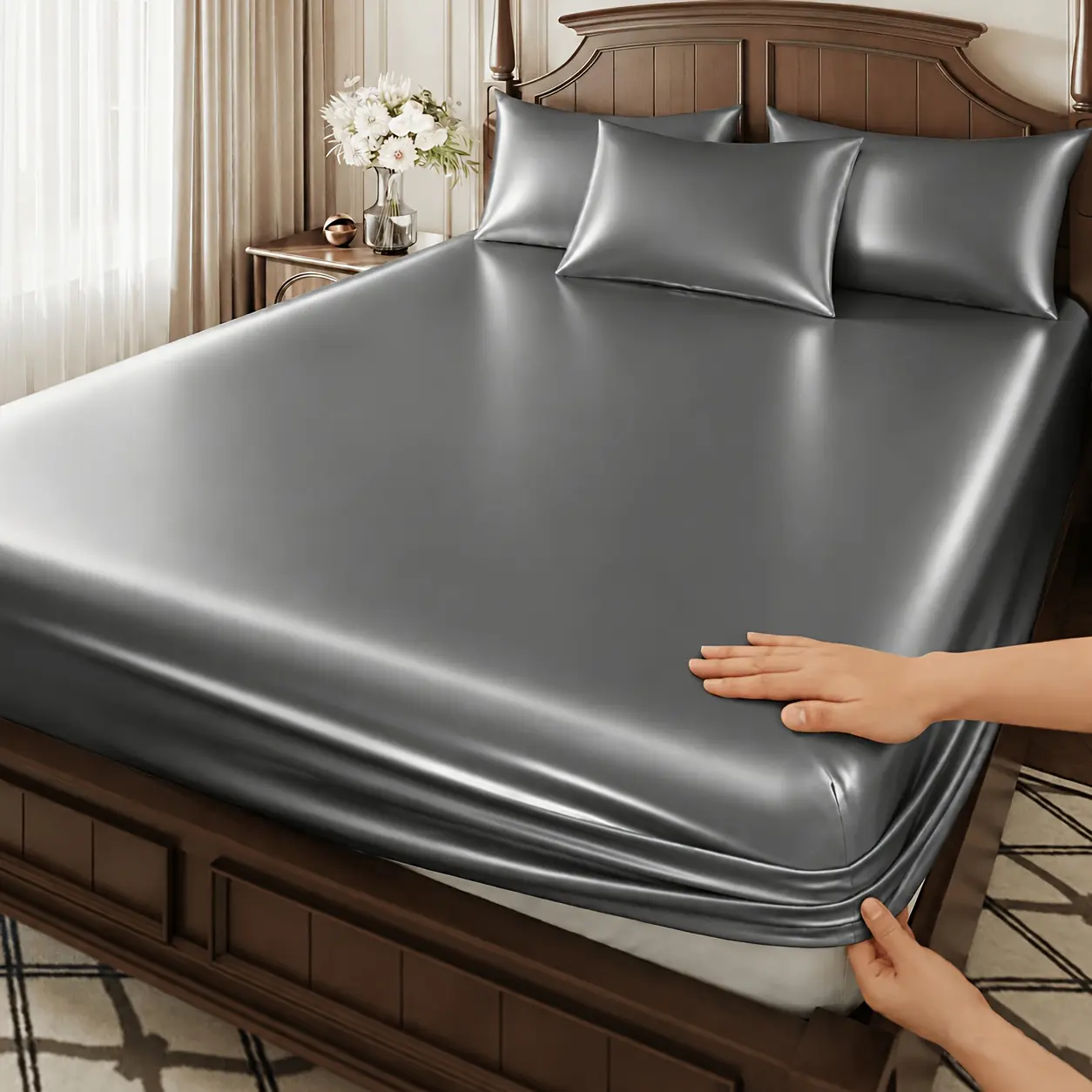 3pcs Fitted Sheet Set, Satin Luxury Ultra Soft Cooling Breathable Bed Sheets, 16" Deep Pocket, Non-Slip Wrinkle-Free, All Season, Machine Washable, with 2pcs Pillowcase Covers for Bedroom Mattress
