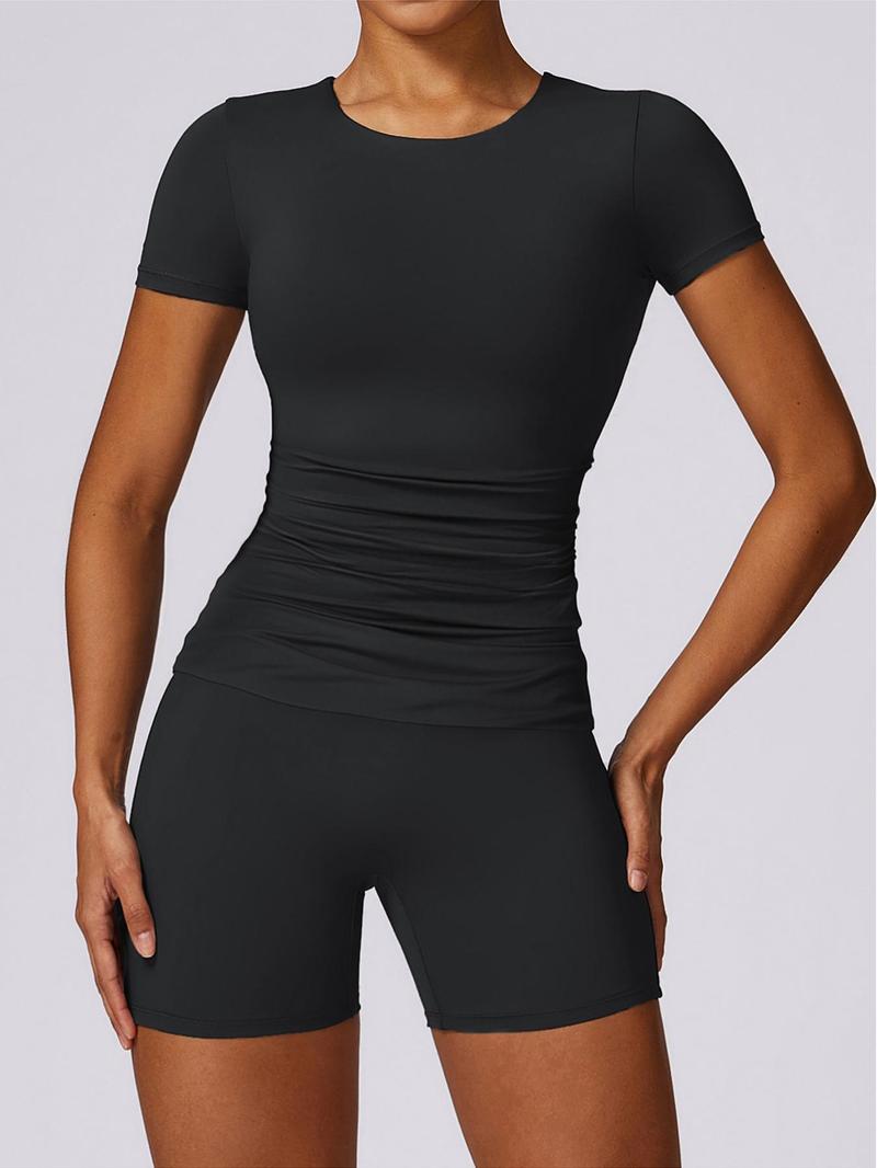 Two-Piece Set Women's Solid Color Top & High Waist Shorts Sportswear Set, Breathable Comfortable Sports Set for Gym Workout Running, Ladies Sportswear for All Seasons