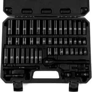 50-piece 3/8" socket set, SAE (5/16"-3/4") and metric (8mm-22mm), deep and shallow sockets, 72-tooth ratchet wrench, extension bar, 1/2" male to 3/8" female adapter, universal joint and drill adapter