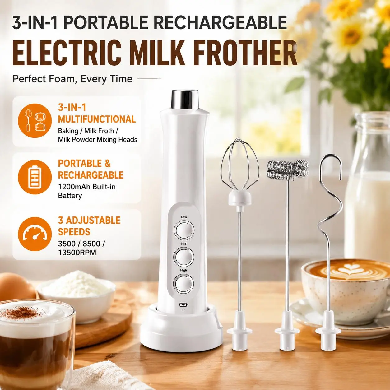 3-in-1 Electric Milk Frother Rechargeable Handheld Coffee Frother Stick with 1200mAh Battery Beverage Mixer Whisk Tool for Kitchen Drinks Black