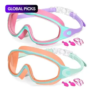 Kids Swimming Goggles, 2-Count Anti-Fog Goggles with Earplugs, Wide-View Design and Comfortable Silicone Material for Boys & Girls, Diving Goggles, Swim Glasses, Swimming Accessories
