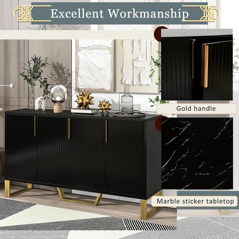 [Bellemave]TREXM Modern sideboard with Four Doors, Metal handles & Legs and Adjustable Shelves Kitchen Cabinet (Black)