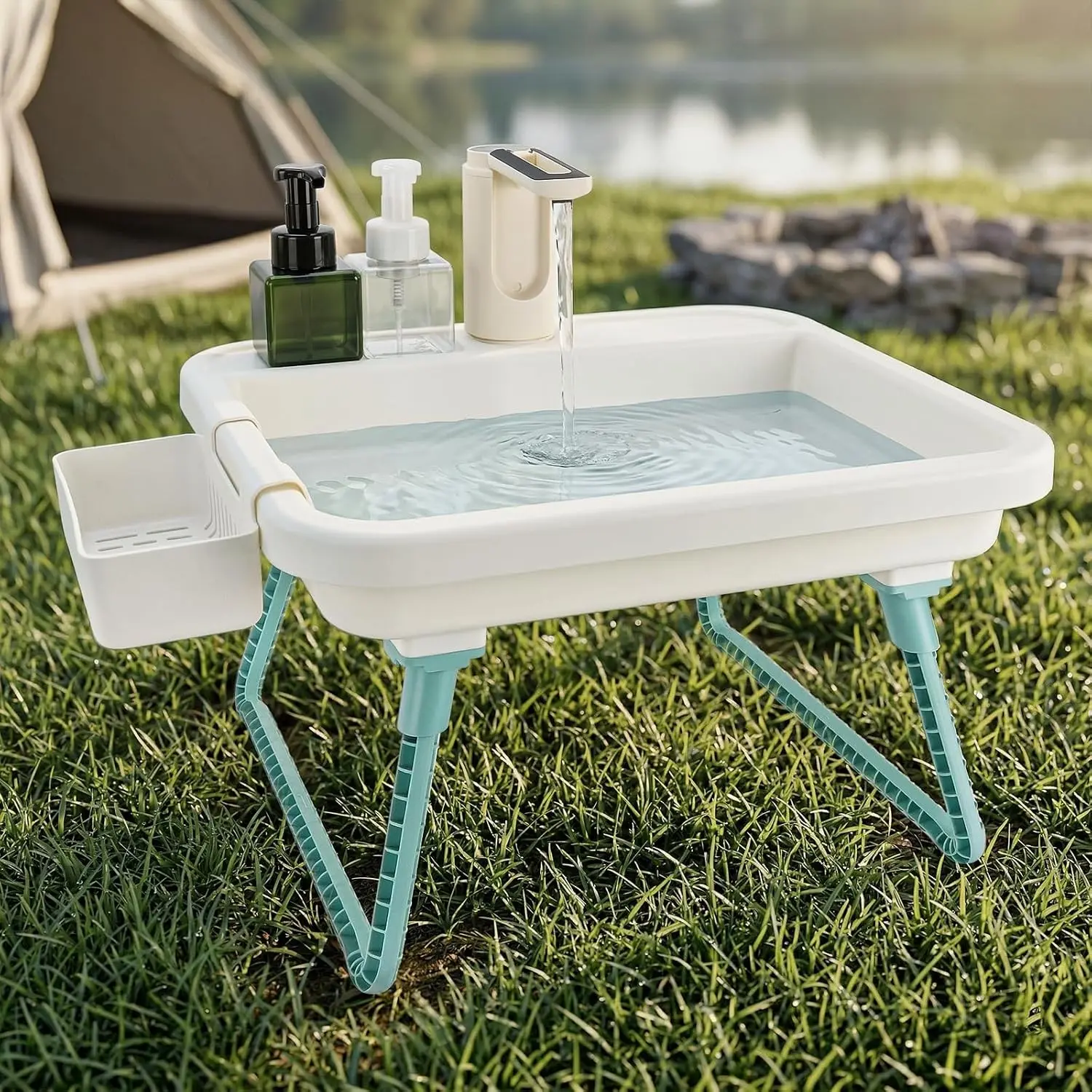 Upgraded Portable Sink with Electric Faucet & Adjustable Height Freestanding Utility Sink on Stand, Hand Wash Basin with Soap Dispenser for RV, Camping, Worksite, Garden, Indoor/Outdoor