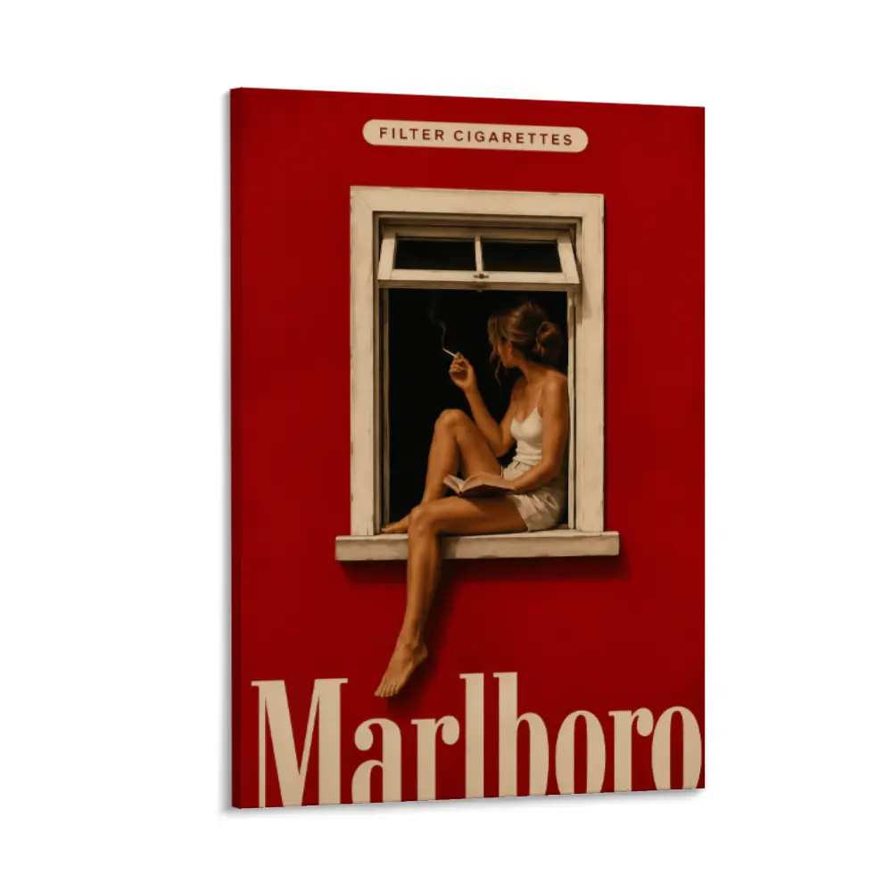 Vintage Marlboro-Style Red Cigarette Ad Art Print - Lightweight Fade-Resistant Mid-Century Home Decor, Minimalist Men's Room Accent, Multi-Size Canvas Gift for Anime Osu Fans, Home Inspo Piece