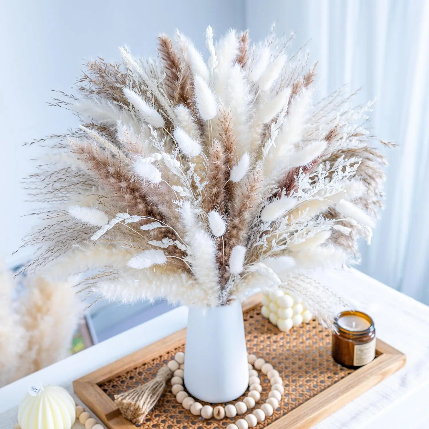 96-Count Long-Lasting Natural Dried Pampas Grass Bouquet - Bohemian, Fluffy Plumes, Large Bunches, Eco-Friendly Phragmites Plants, Modern Decorative Vase Fillings for Farmhouse Home, Office Decor & Wedding Gift Idea