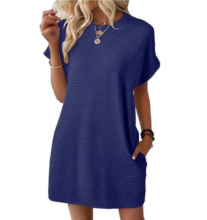 2026 Summer New Loose Crew Neck Pocket Solid Color Short Sleeve Dress for Women Casual Daily Wear Mini Dress