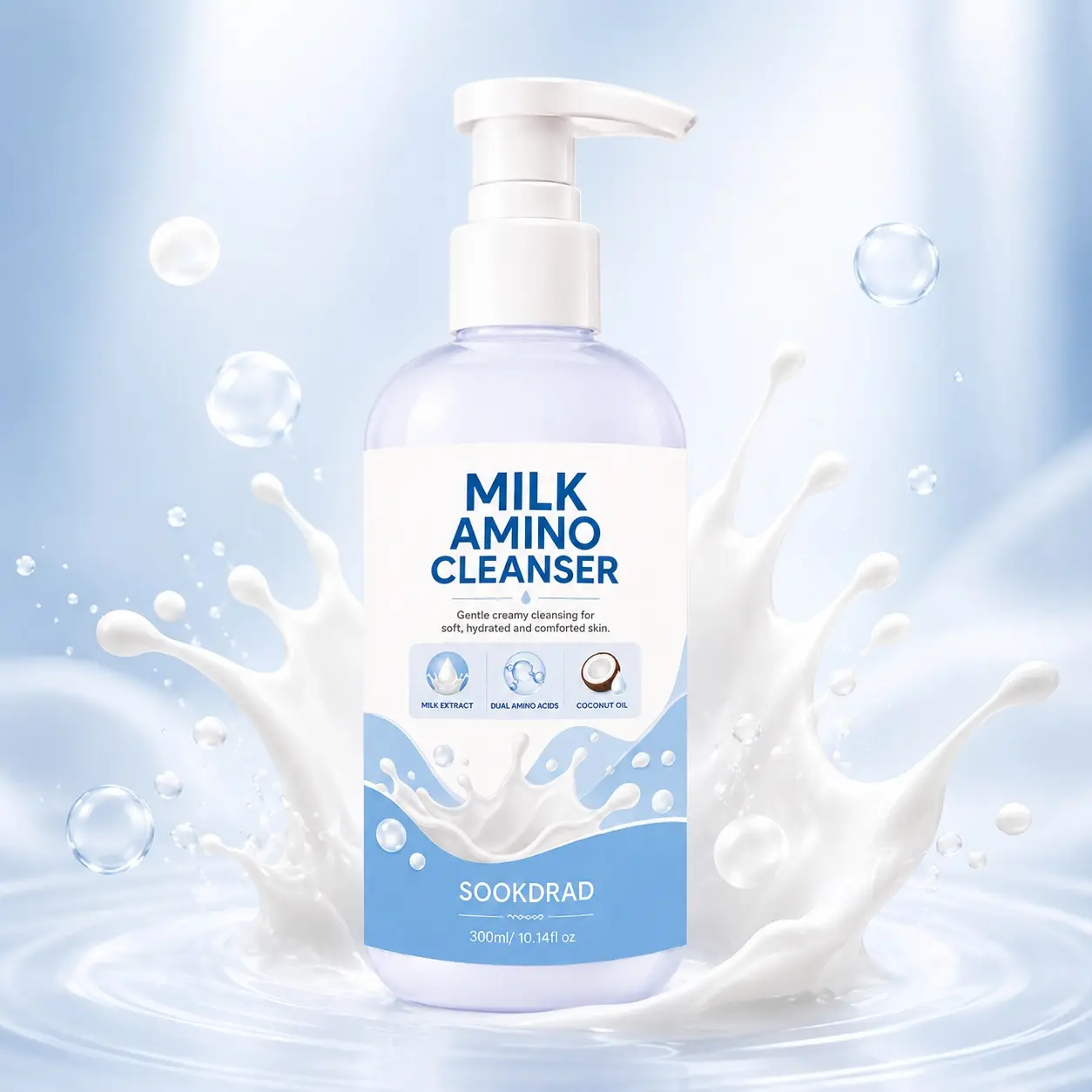 Milk Amino Cleanser, Milk Extract, Dual Amino Acids, Coconut Oil, gentle creamy cleansing, soft hydrated skin, comforted skin, facial cleanser, 300ml/10.14fl oz