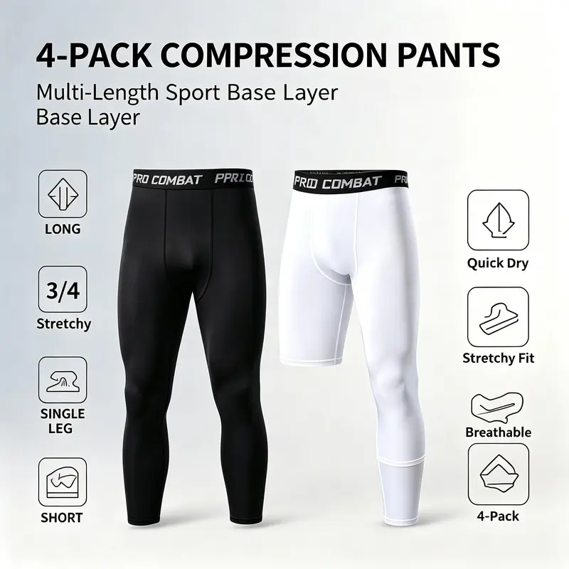 Men’s Compression Pants Multi‑Pack, Quick Dry High Stretch Athletic Tights, 5‑Inch Shorts / 3/4 Capri / Full‑Length Leggings, Breathable Base Layer for Basketball Gym Running Training