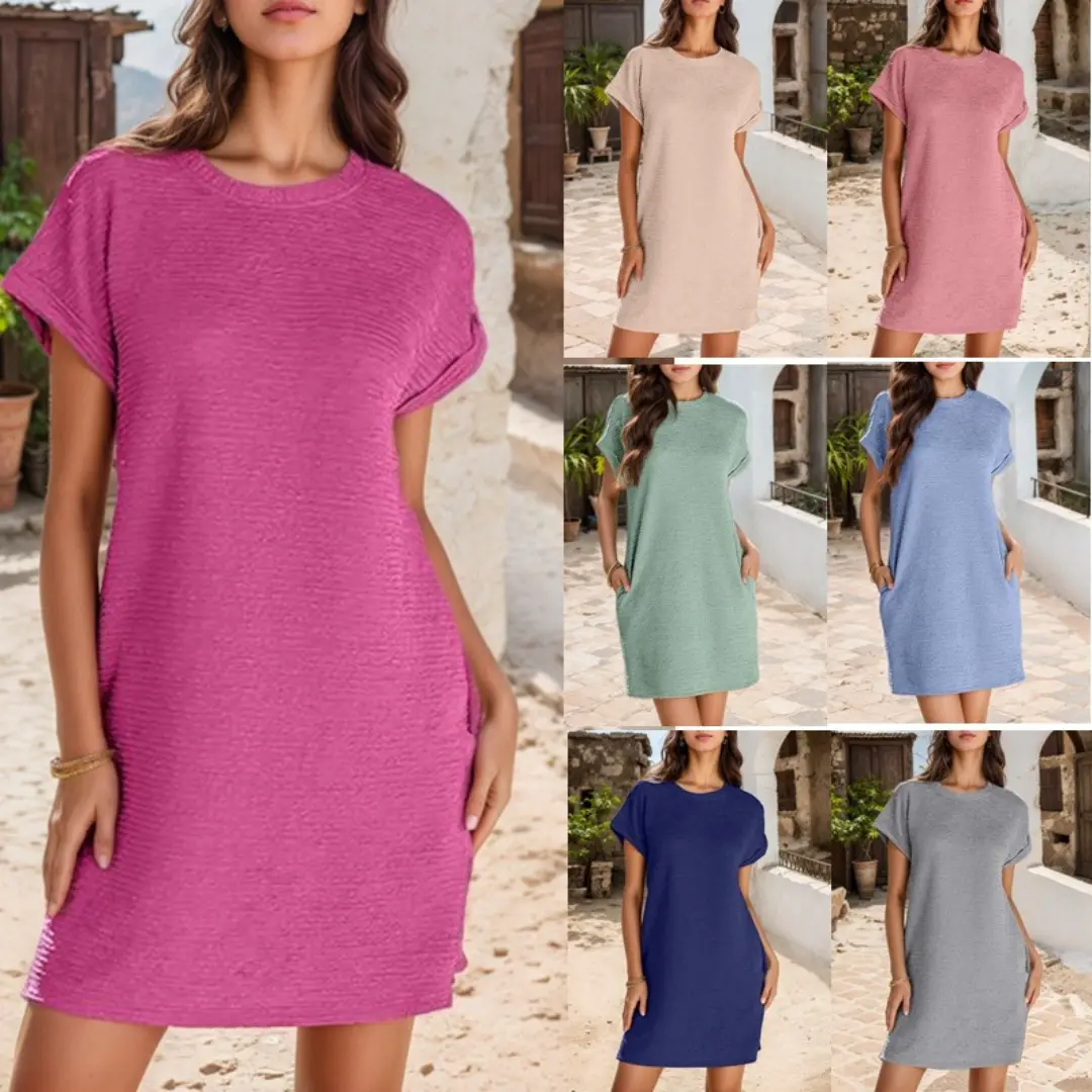 Women's Crew Neck Cuffs Curled Solid Color Short Sleeve Pocket Dress # clothing flowy long women dresses for summer