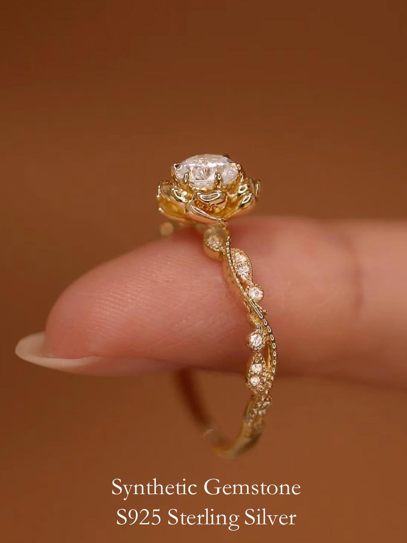 925 Sterling Silver Rose Design Ring, Elegant Engagement Wedding Rings Rhinestones Decor Design Ring for Women, Fashion Jewelry for Party, Daily Decor, Trendy All-match & Exquisite Jewelry for Birthday Gift