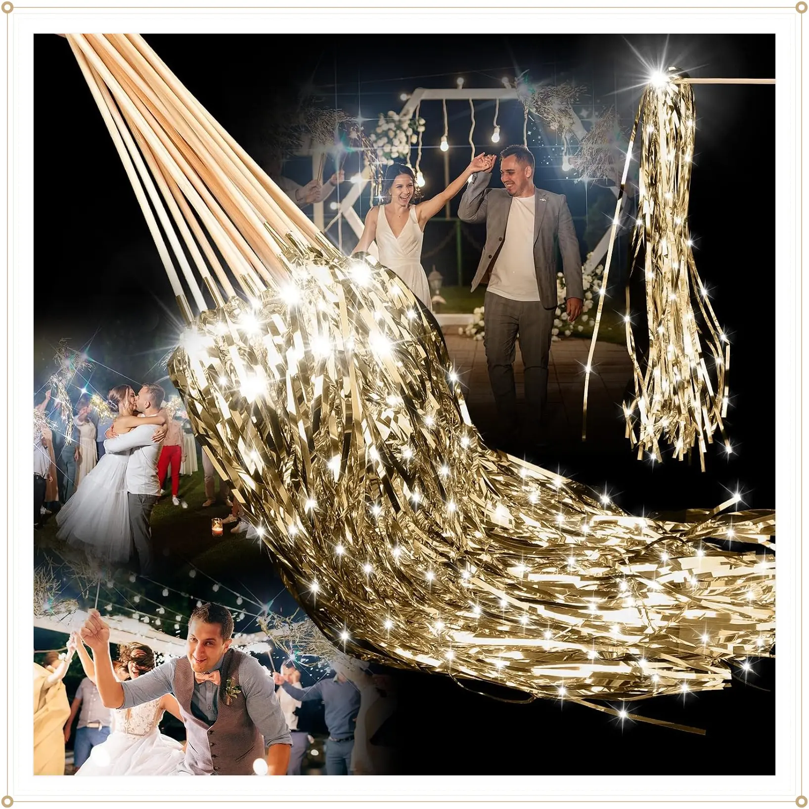 24 Pcs Champagne LED Light Up Wedding Wands - Sparkler Tinsel Streamers for Wedding Send Off, Exits, Birthday Party Props & FavorsGift