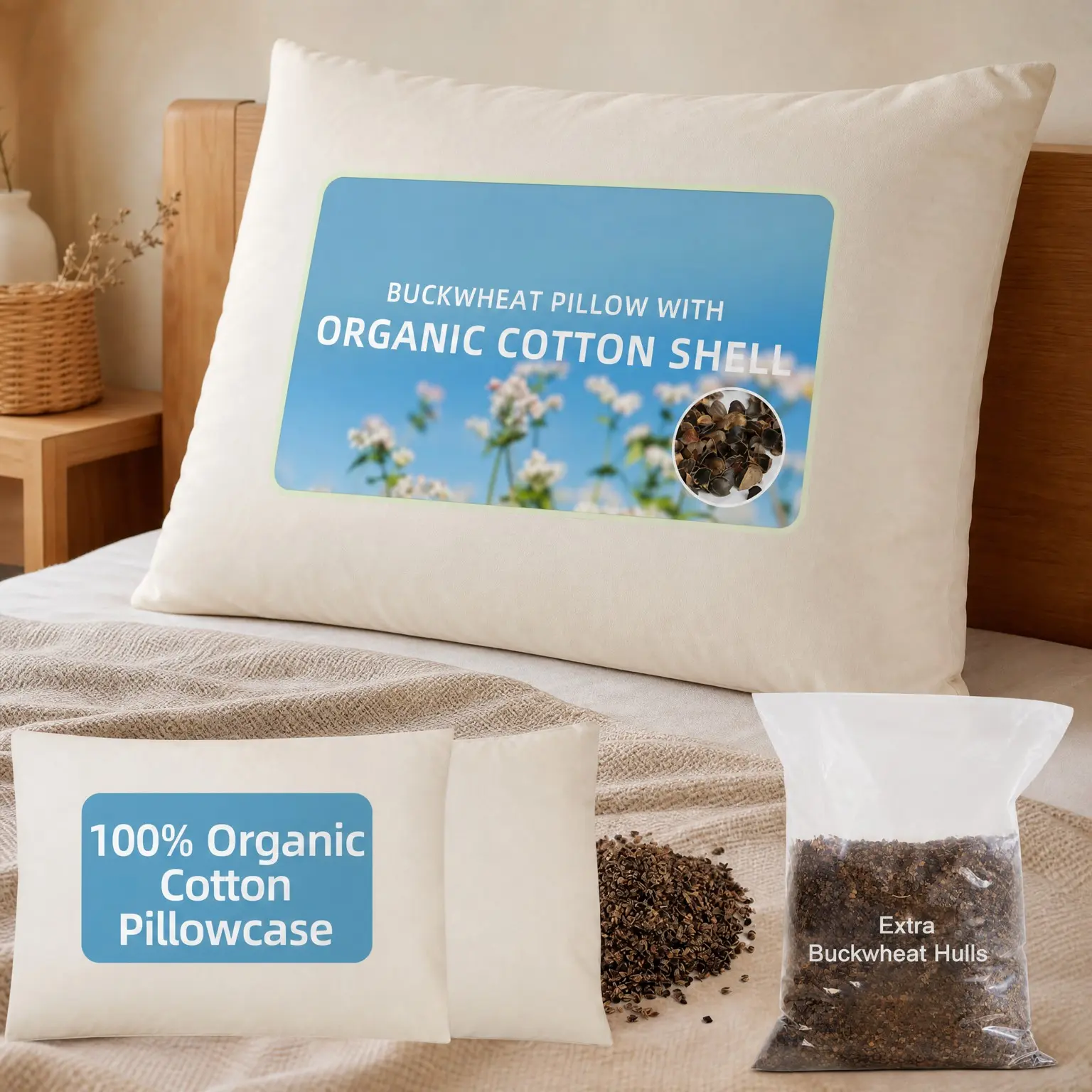 Organic Buckwheat Pillow for Sleeping with Organic Cotton Shell & Case, Extra 1lb Hulls Included, 15"X19" Adjustable Height and Firmness, Cooling Firm Neck Support for Side & Back Sleepers, WhiteGift