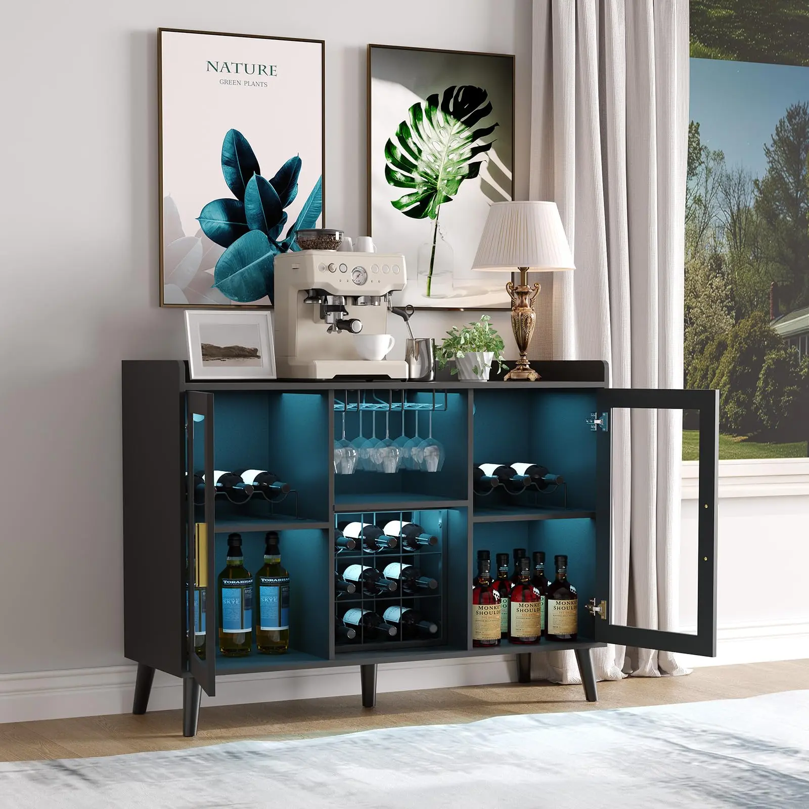 Wine Bar Cabinet with Led Lights & Glass Doors, Wood Coffee Bar Station with Wine Racks & Glass Holder, Modern Liquor Cabinet