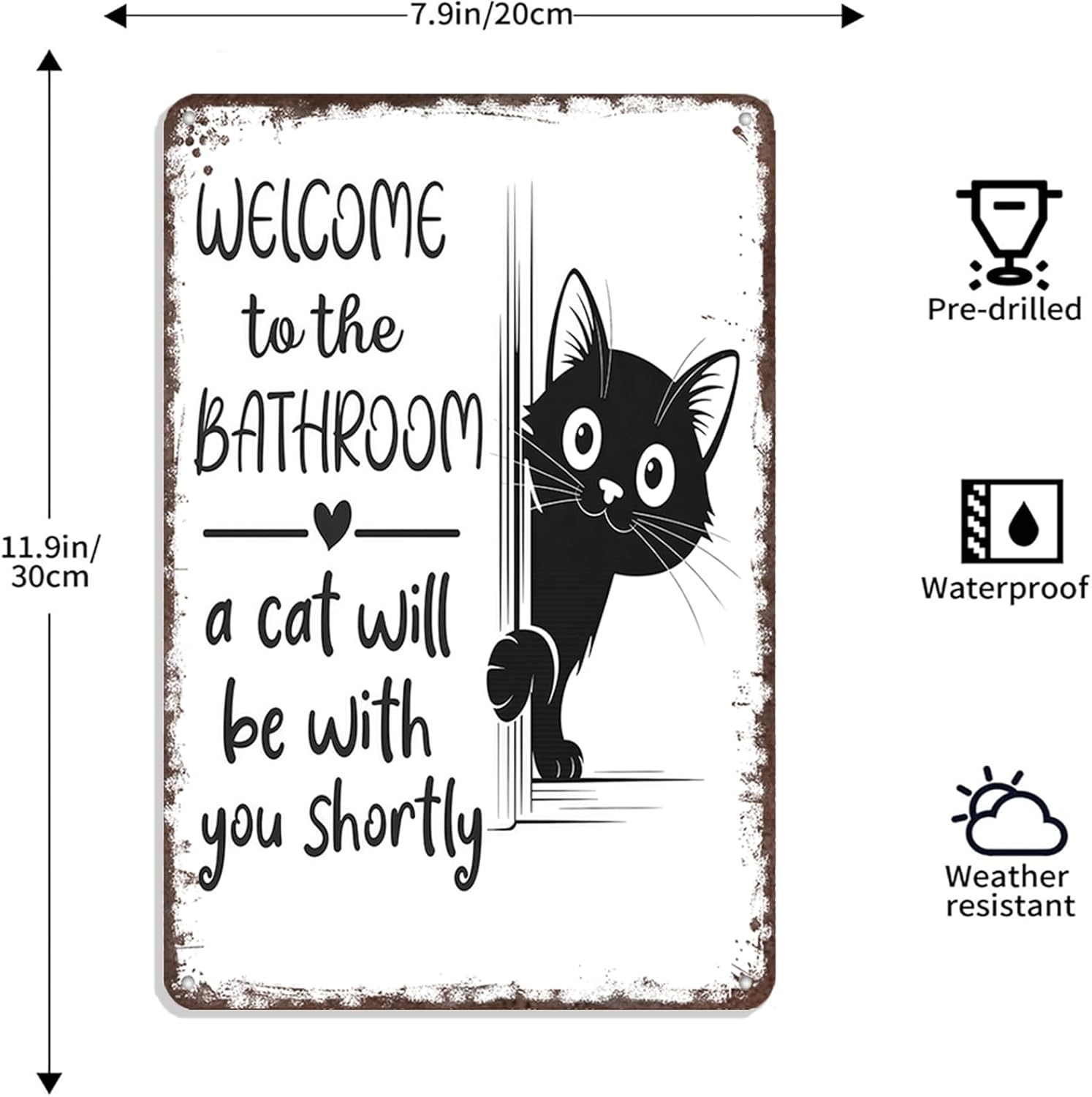 【20*30cm/8*12inch】Vintage Black & White Cat Wall Art - "Welcome To The Bathroom" Funny Metal Tin Sign - Retro Bathroom Decor With Cat Design - Aluminum Tin Sign For Restroom 8x12in
