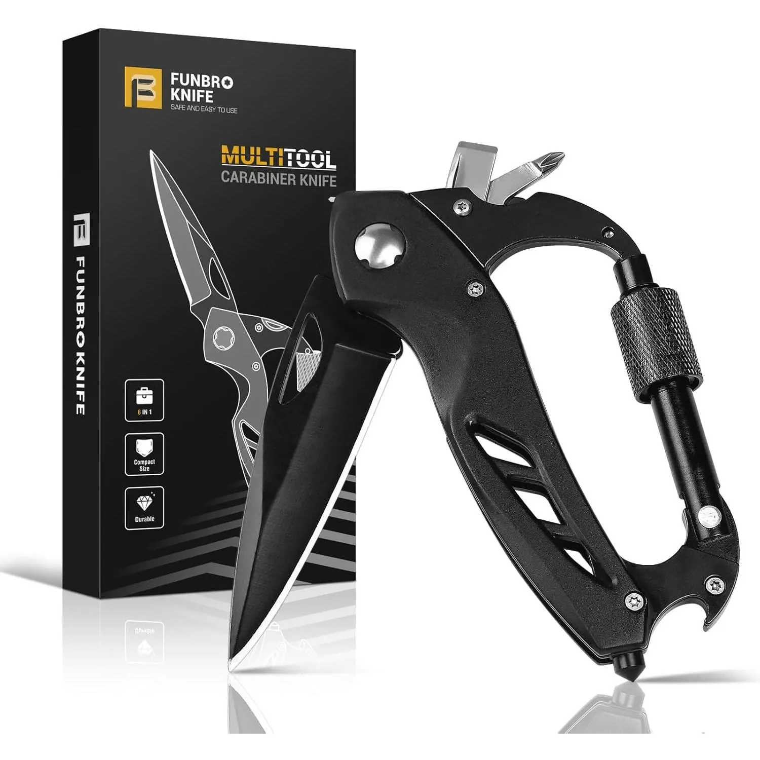 Carabiner with Knife, Bottle Opener| Stocking Stuffers Gifts for Men, EDC Carabiners with Folding, Window Breaker and Screwdriver, Gear for Camping Hiking