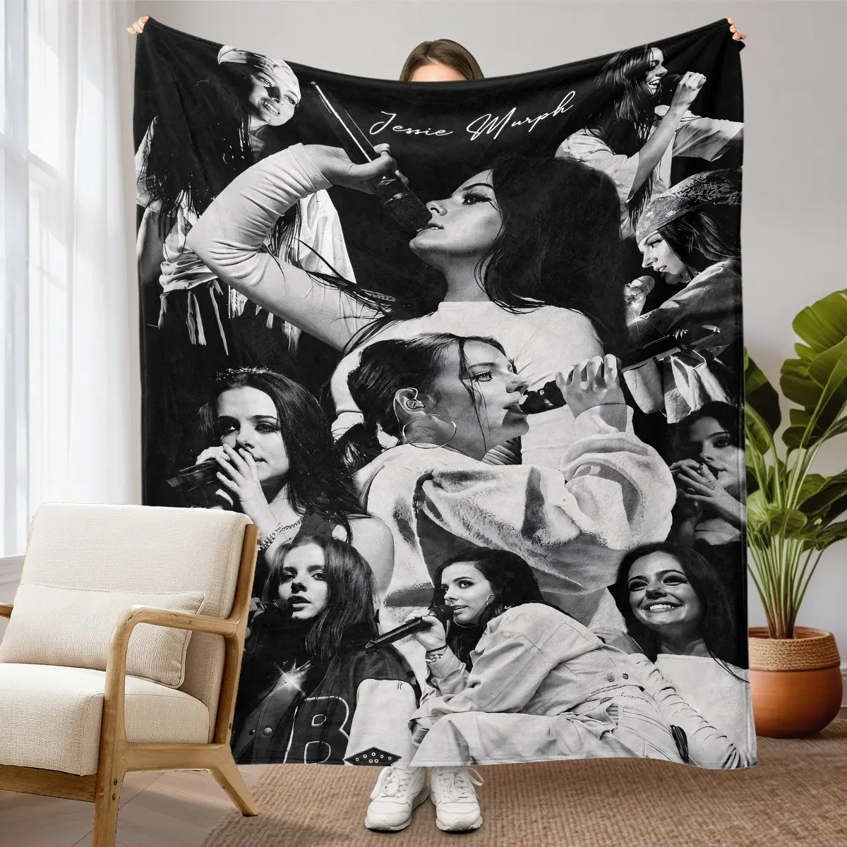 1pc Jessie Murph Black And White Concert Collage Fleece Blanket, Printed With Singer Stage Photo Vintage Collage Pattern, American Hip-Hop Celebrity Trend Style, Soft Warm Nap Blanket For Sofa, Bed, Office, Shawl, Camping, Fashion Christmas Gift