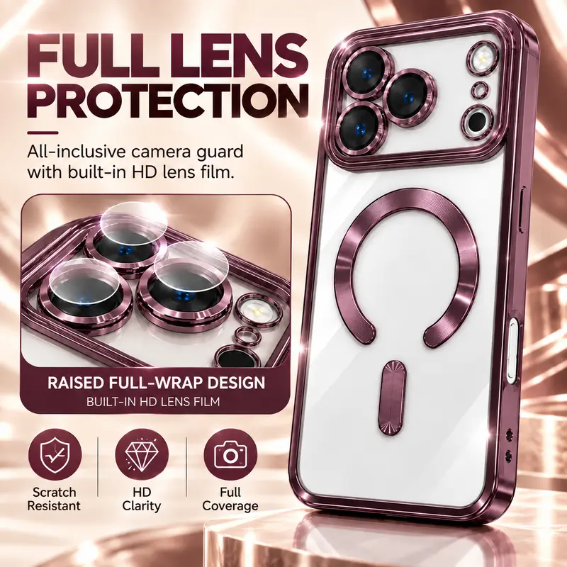 MagSafe Snap-On Luxury Plated TPU Smartphone Case - Transparent Magnetic Wireless Charging Cover with Lens & Screen Protectors, Shockproof Flexible Accessory for iPhone 11-17+, 12 Pro Max, Air, Plus Devices, Accessories