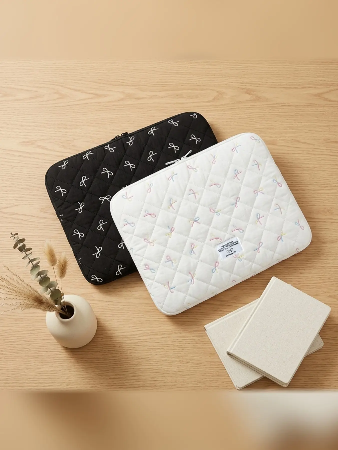 Korean Style Cute Bow Embroidered Quilted Laptop Bag, 10-11 Inch iPad Sleeve, 13-14 Inch Notebook Shockproof Inner Case Computer Bags