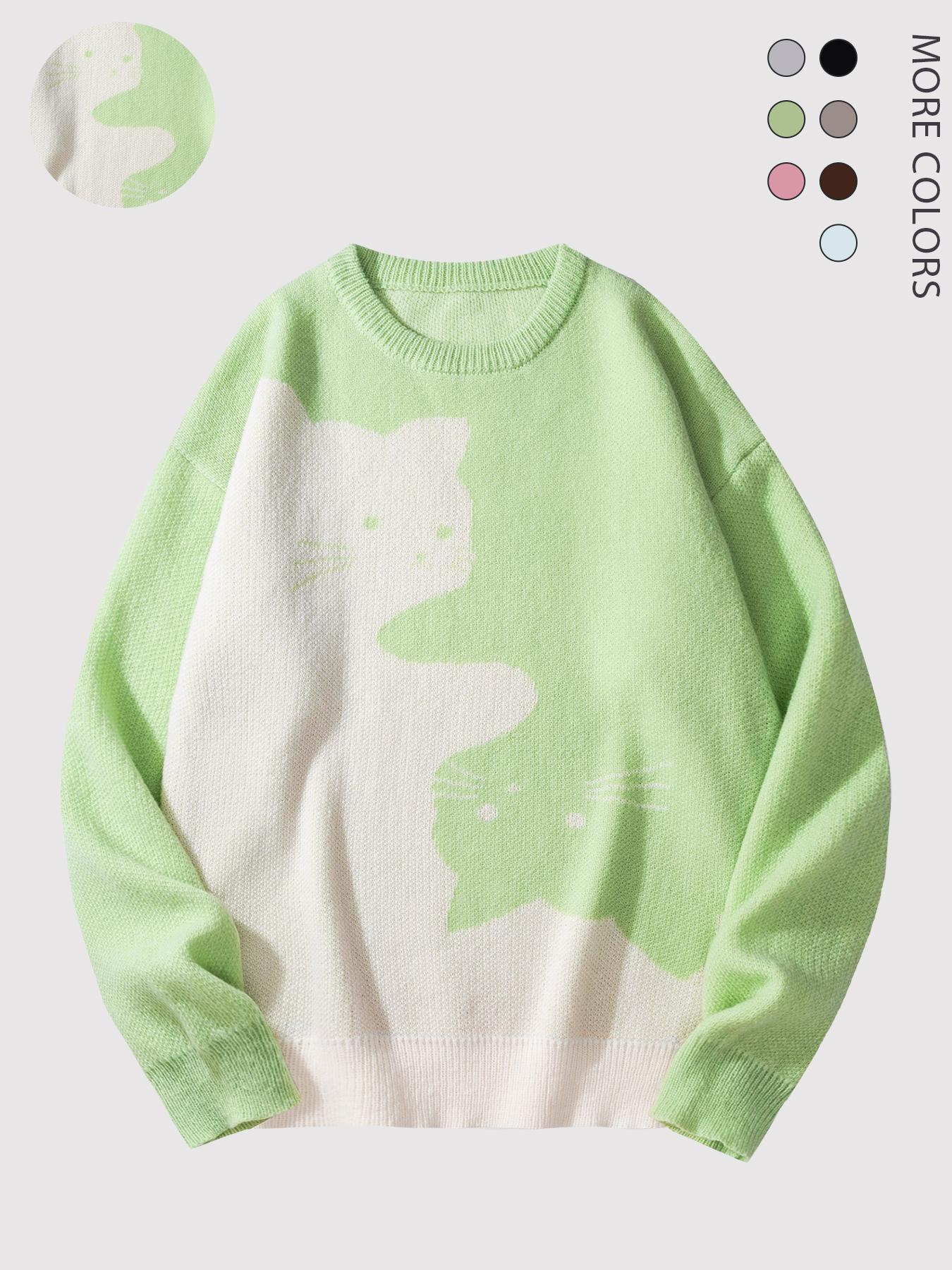 #Springfresh Love Men's / Unisex Cartoon Cat Jacquard Crew Neck Sweater Loose Casual Long-sleeve Knitwear Fashionable Autumn and Winter Knitwear Daily Wear Pullover College Style Versatile Trendy Brand SpringStatements