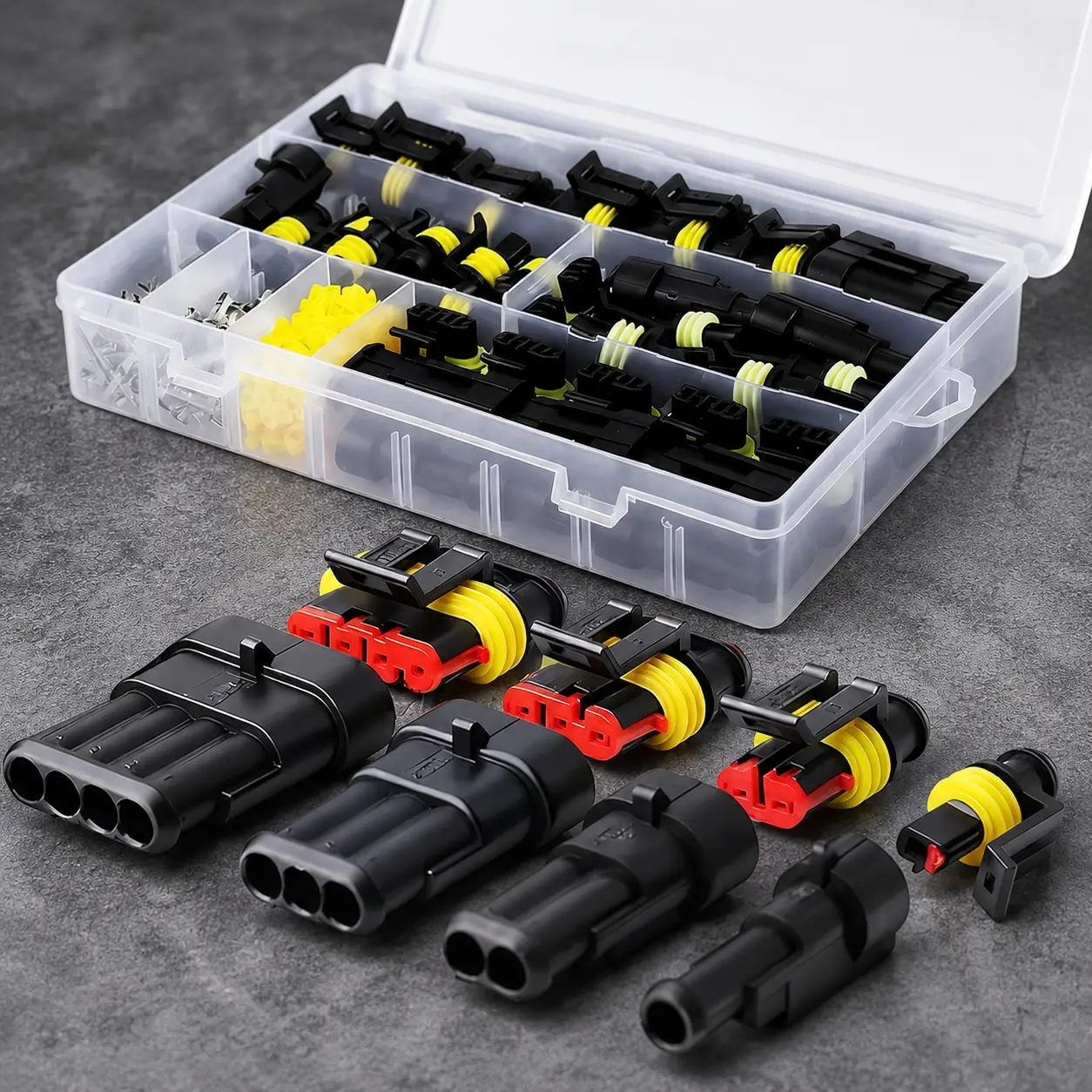 Waterproof Electrical Connector Kit: 1/2/3/4 Pin Automotive Terminals, 12A 300V Weatherproof Wiring Connectors with Case Waterproof Connector Set for Car Truck Boat DIY Electrical Repair