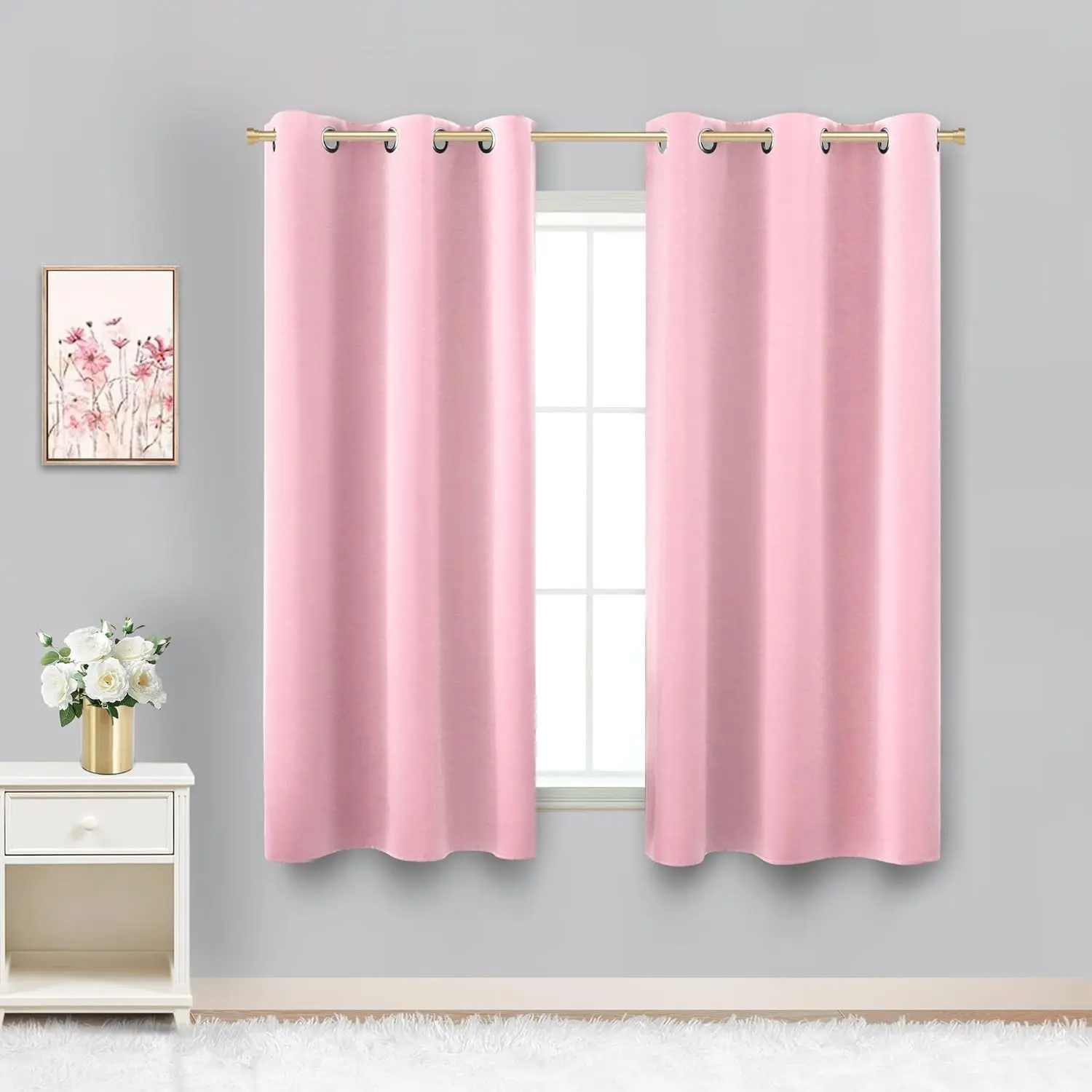 Pink Short Blackout Curtains for Girls Room Kids Bedroom Window, 45 Inch Length, Bubble Gum Pink Black Out Nursery Curtains, Cute Privacy Bathroom Window Curtains