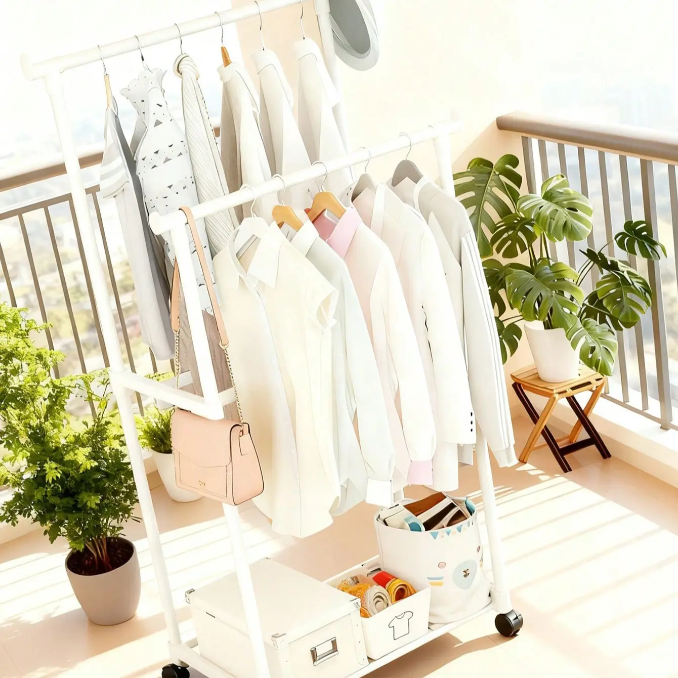 1 double pole simple multifunctional household floor drying rack, clothes drying pole assembly, clothes drying storage rack, hanging clothes rack storage rack, stable load-bearing and not shaking
