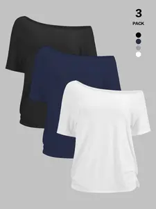 Lazy Vibe Asymmetrical Off-The-Shoulder Oversized Short Sleeve T-Shirt, Multi-Color Y2K Loungewear, Casual Fit, All Seasons