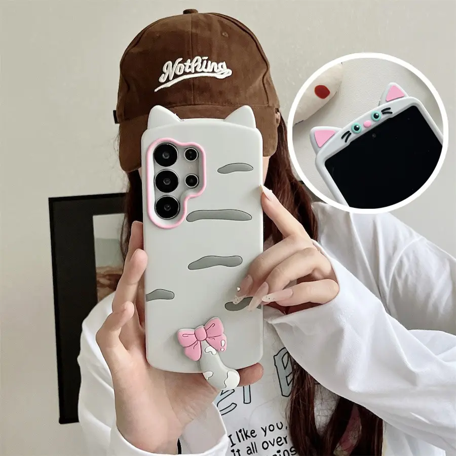 Kawaii 3D Cat Ears Tail Silicone Protective Phone Case For Samsung S24 S25 FE S23 S26 Ultra A17 A15 A54 A24 A25 A55 A35 A16 A26 A36 A56 5G Soft Back Cover Mobile Phone Accessories