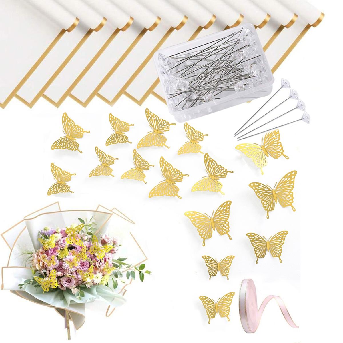 Flower Bouquet Wrapping Kit, Bouquet Wrappers, 145pcs/set Including 100pcs Crystal Rhinestone Decorative Head Pins & 20pcs Gold Edge Roll Paper & 24pcs 3D Butterfly Shape Paper & 1 Roll Ribbon, Wedding & Birthday Party Decoration Supplies
