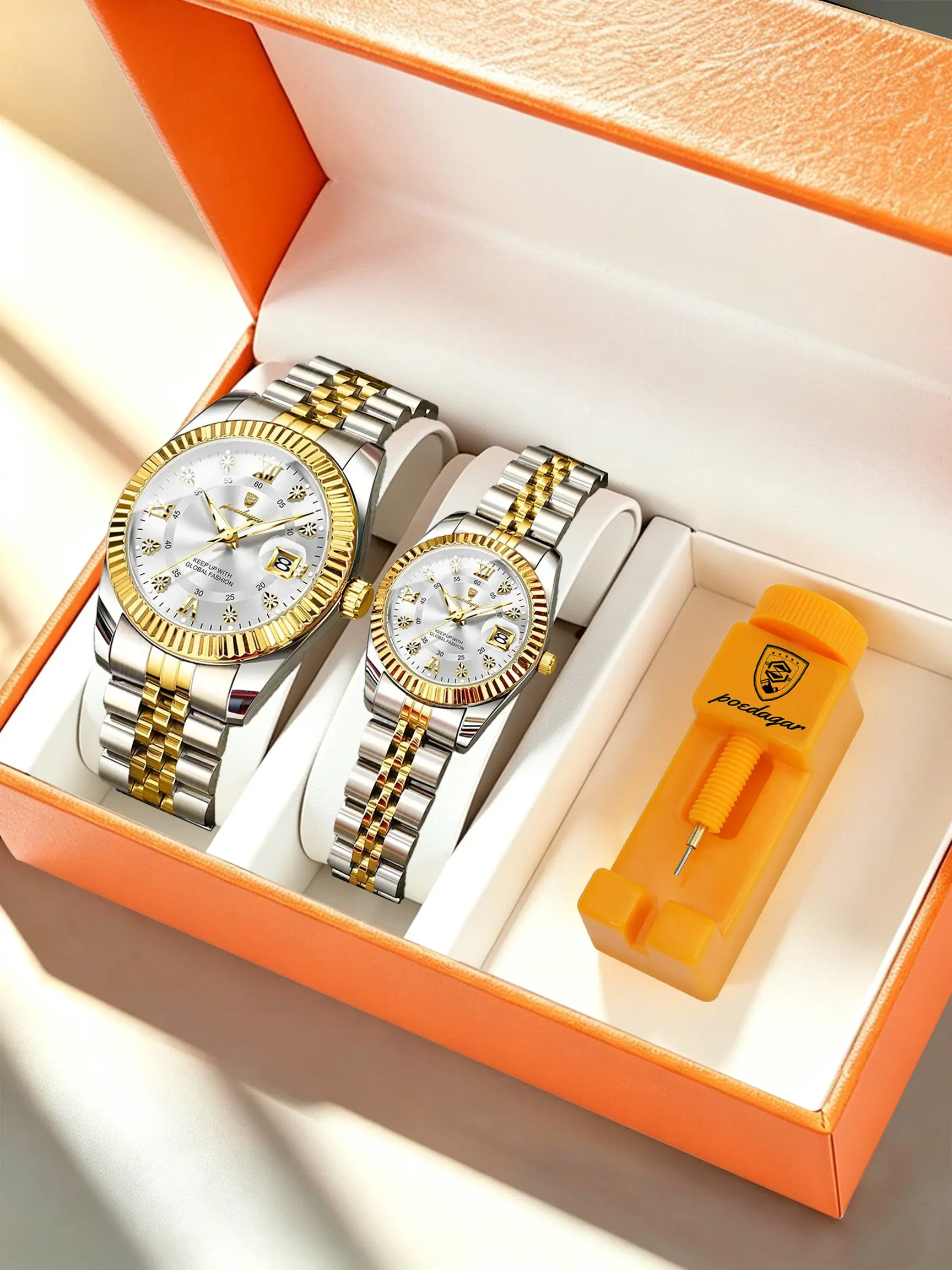 Poedagar Luxury Couple Quartz Watch Set, Diamond Dial Waterproof Stainless Steel Wristwatch, Fashionable Minimalist Gift for Couples