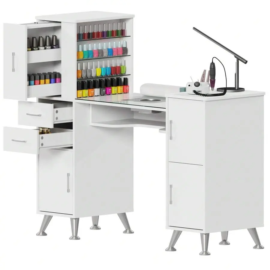 Manicure Table Nail Desk With Glass Top, Dust Collector, Wrist Cushion, Drawers & Shelves, Beauty Salon Workstation, White Nail Desk, Nail Table, Salon Equipment, Manicure Table, Nail Tech Desk, Salon Furniture, Nail Tech Table, Portable Nail Table, Folda