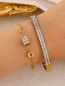 2-Piece Retro Hip-Hop Stainless Steel Bracelet Set, Roman Numeral Design, Synthetic Zircon, Unisex, Stackable, Gift Idea