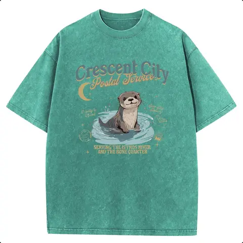 Women's Oversized Cotton Short-Sleeve H-Type Shirt - 1-Piece, Breathable Fabric, Vintage Washed, Distressed, Retro Crescent City Book Fandom Graphic Print, Casual Beach Top, New Year Gift for Book Lovers (Postal Service Otter Moon Design)