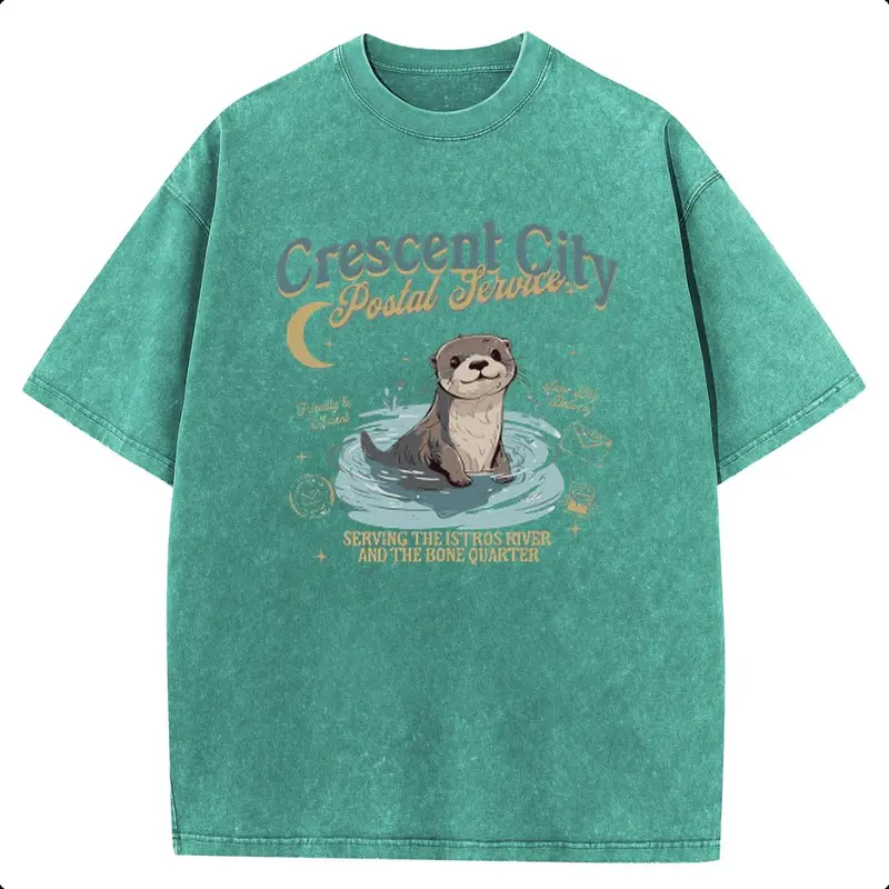Women's Oversized Cotton Short-Sleeve H-Type Shirt - 1-Piece, Breathable Fabric, Vintage Washed, Distressed, Retro Crescent City Book Fandom Graphic Print, Casual Beach Top, New Year Gift for Book Lovers (Postal Service Otter Moon Design)