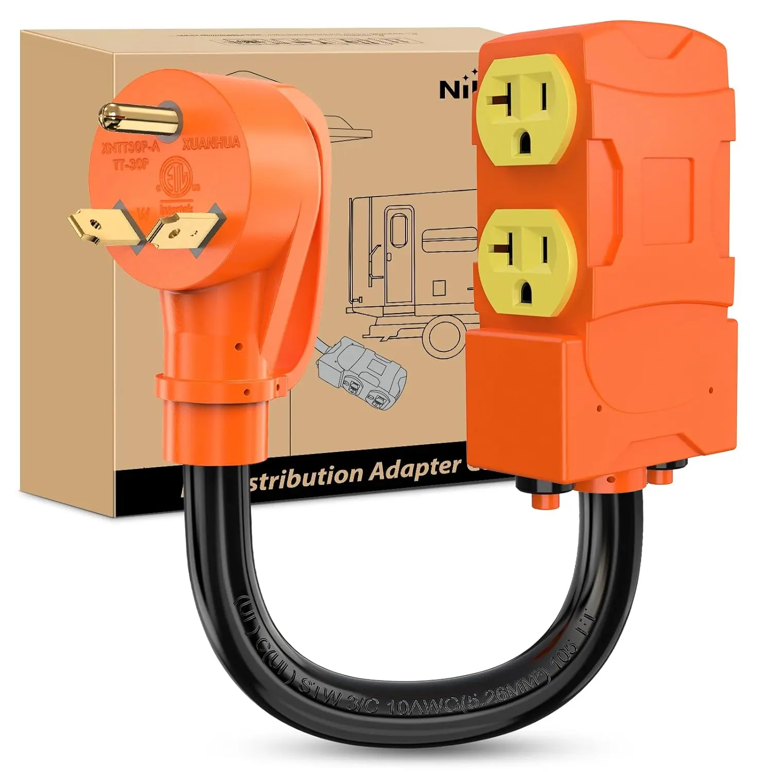Nilight 30A to 20A Copper RV Power Adapter Cord - 30A Input, 125V, 5000W, ETL Listed, NEMA TT-30P Male to 4X 5-15R/5-20R Female Sockets, Circuit Breaker, 3 Of 10 AWG Wires for RV Camping, Camper Generator
