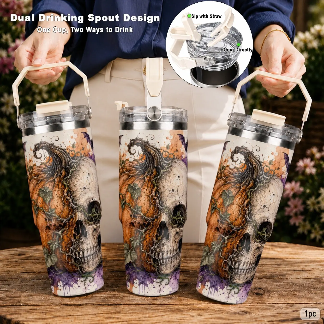 30oz 304 Stainless Steel Insulated Travel Tumbler, with gothic ghost flower bat pattern, dual lid design leakproof fits car cup holder, for hiking gym workout hydration, great as birthday gift for sports lovers