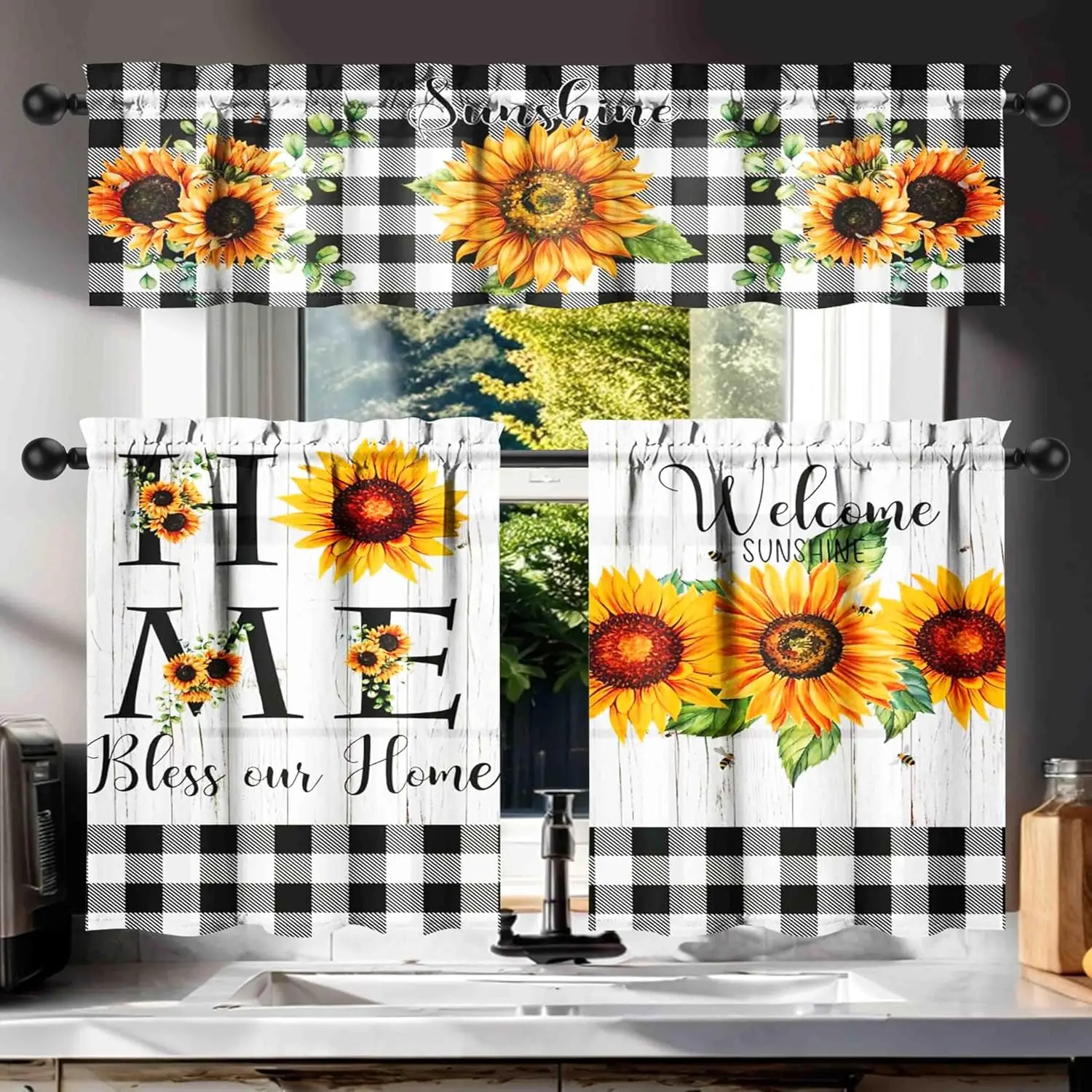 3 Piece Sunflower Kitchen Curtains and Valances Set, Sunflower Art Decorative Window Curtains for Kitchen Over Sink Decor, 27.5X36" in, Kitchen Decor
