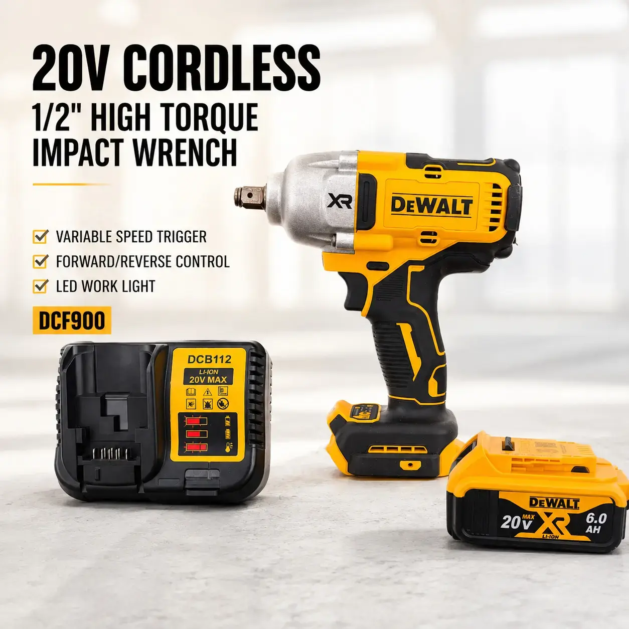 DEWALT DCF900 20V Max XR Cordless 1/2" Impact Wrench - Multi-Speed Cordless Power Tool with 6.0Ah Lithium Ion Battery for Auto Repair, Industrial Use, Brushless Cordless Impact