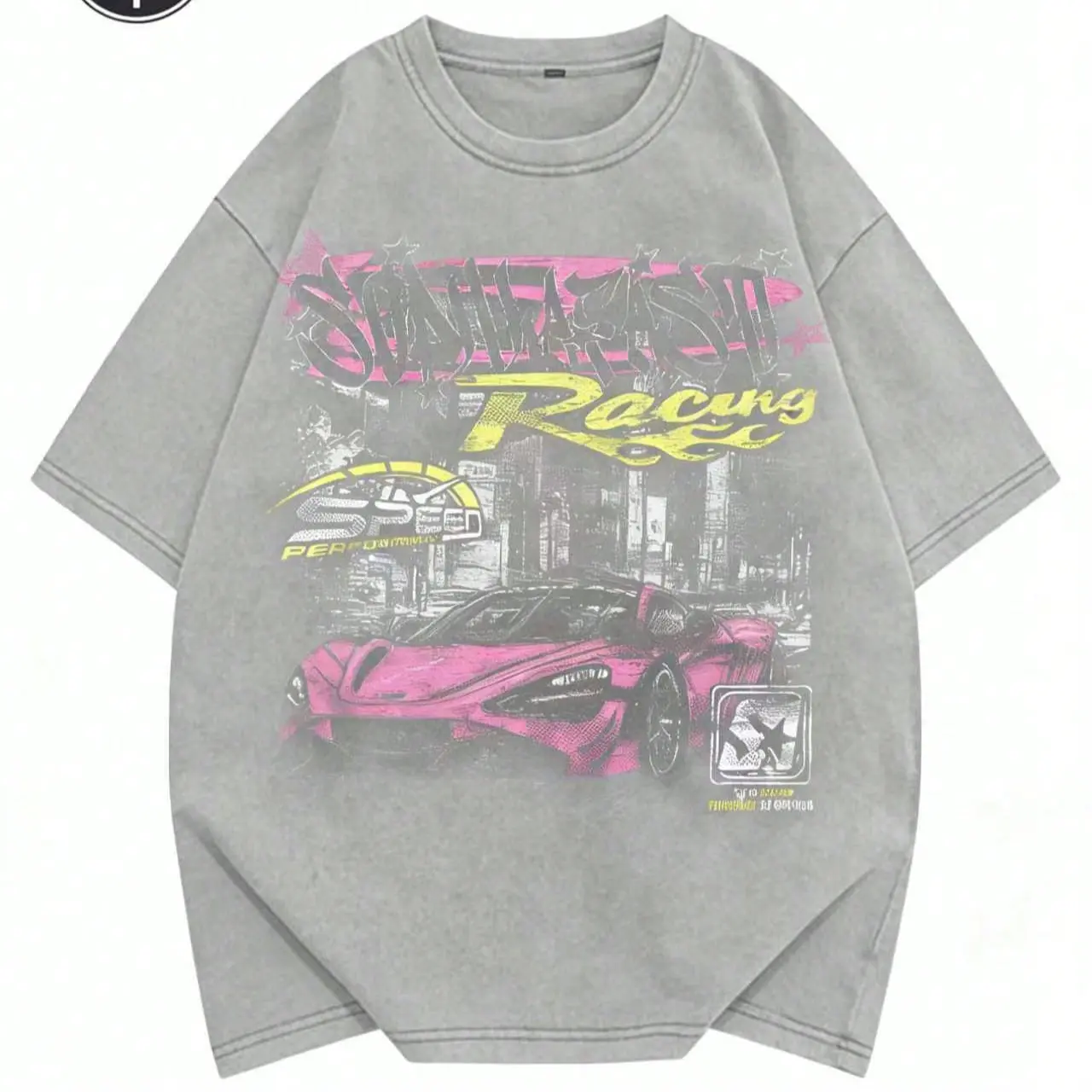 Racing Car Graphic Tee Vintage Wash Acid Wash Heavyweight Premium Cotton Tshirt Front Print Streetwear Y2K T Shirt Women Short Sleeve Crewneck Top Best Gift Men Loose Casual Top Oversized