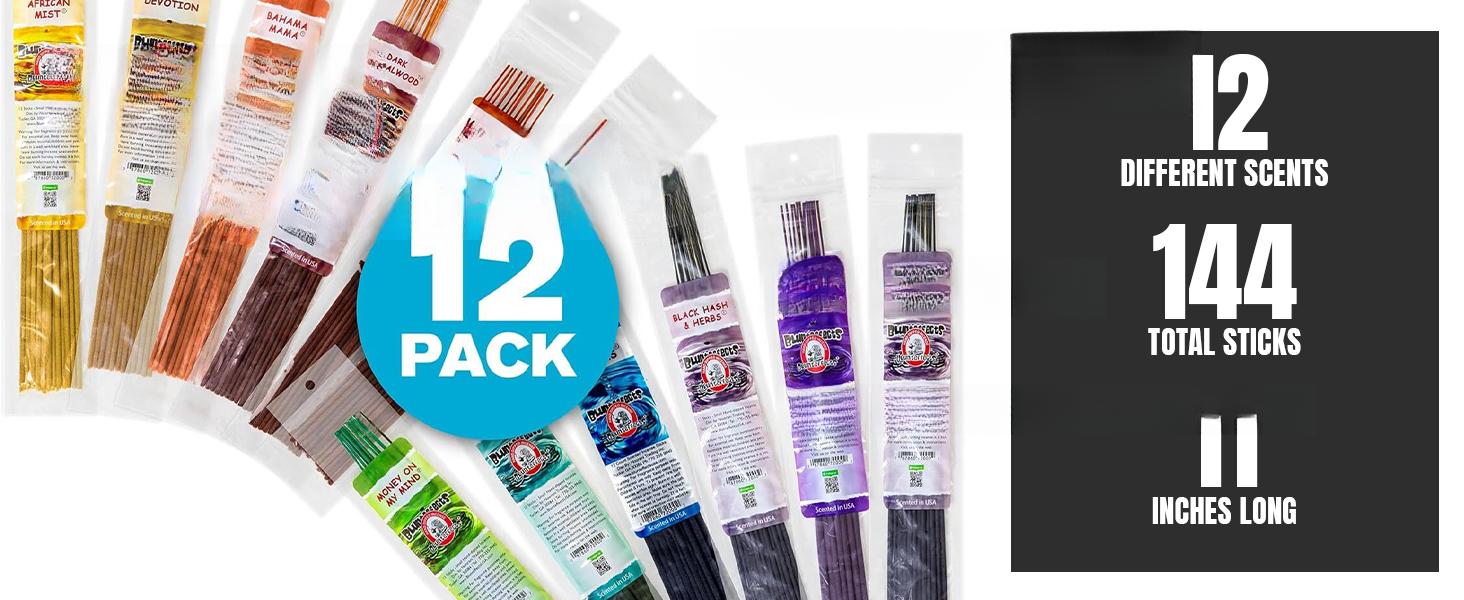Hand-Dipped Incense Sticks - Premium 144-Pack Variety Set, 12 Different Scents, 11" Long, USA-Made Aromatherapy with Long Burn Time (12 Pack, 144 Total Sti