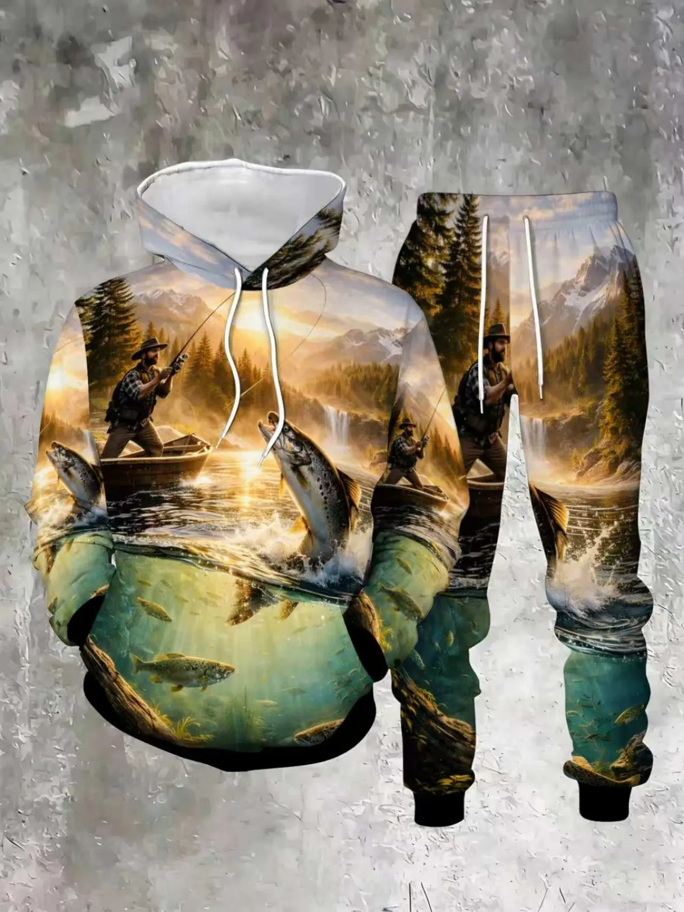 Men's Fishing Scene Hoodie Set, All over Print Long Sleeve Sweatpants, Casual Outdoor Wear, Natural Waist Ankle Length, Bn20260809