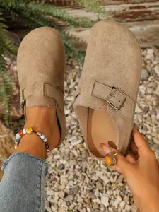 Women's 2026 Spring Summer New Velvet Slip-On Shoes, Wide Fit Comfortable Casual Flat Mules, Adjustable Antique Brass Buckle, Non-Slip Thick Sole