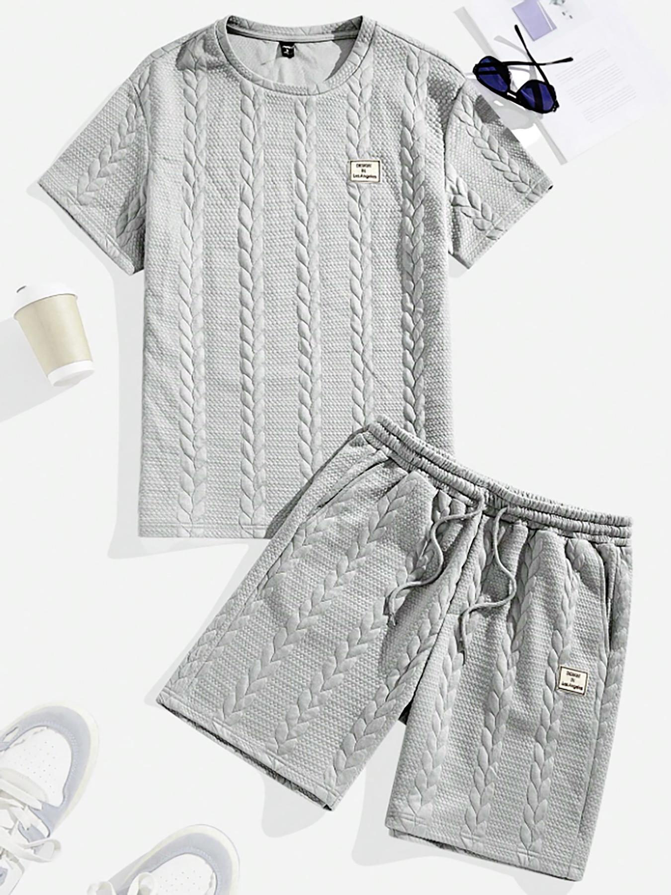 Men's Solid Textured Patched Tee & Drawstring Waist Shorts Set, Regular Fit Casual Round Neck Short Sleeve T-shirt & Pocket Shorts, Men's Summer Clothes